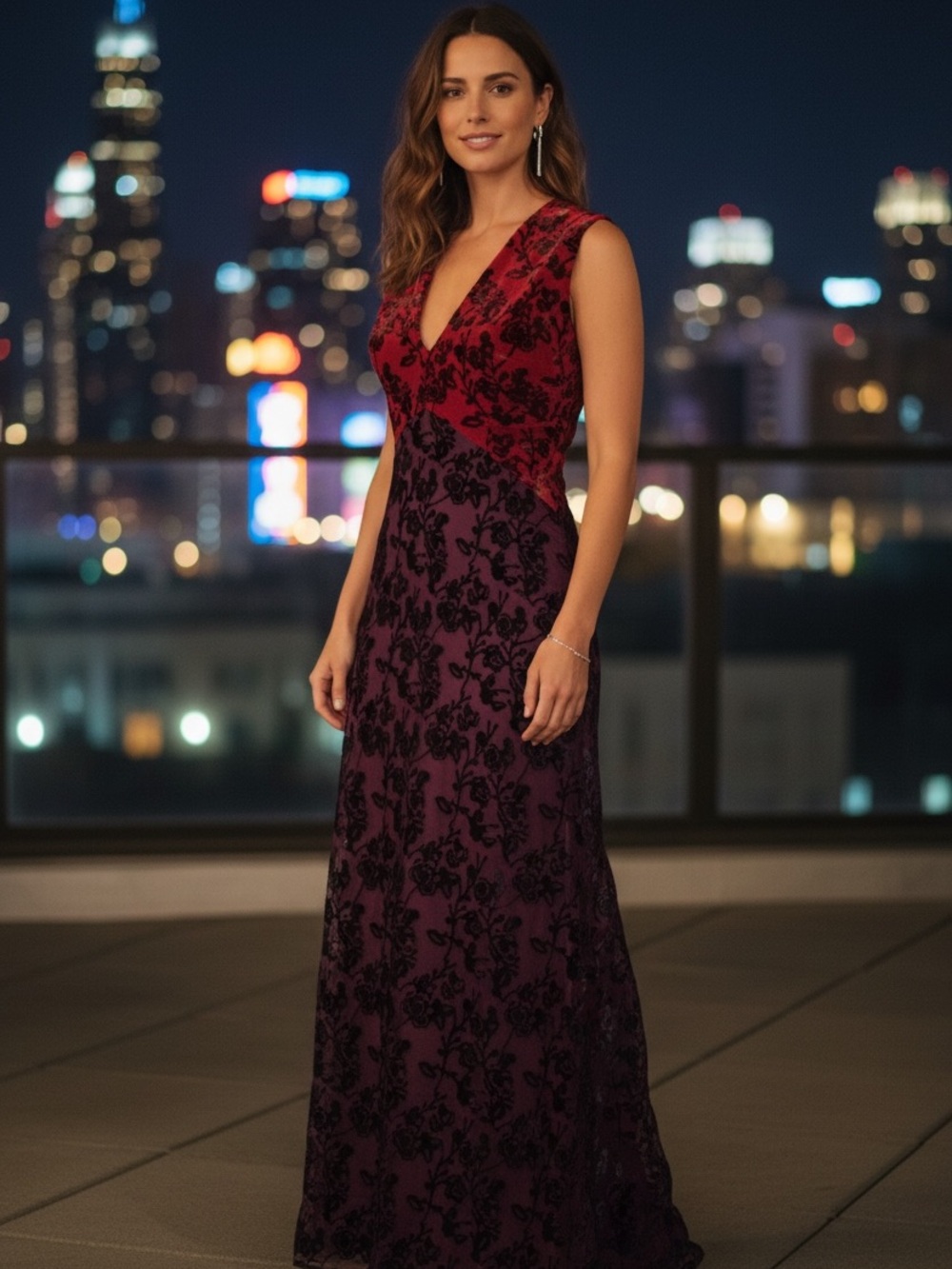 Sleeveless V-Neck Burgundy and Black Floral Evening Gown - Picture 3 of 10